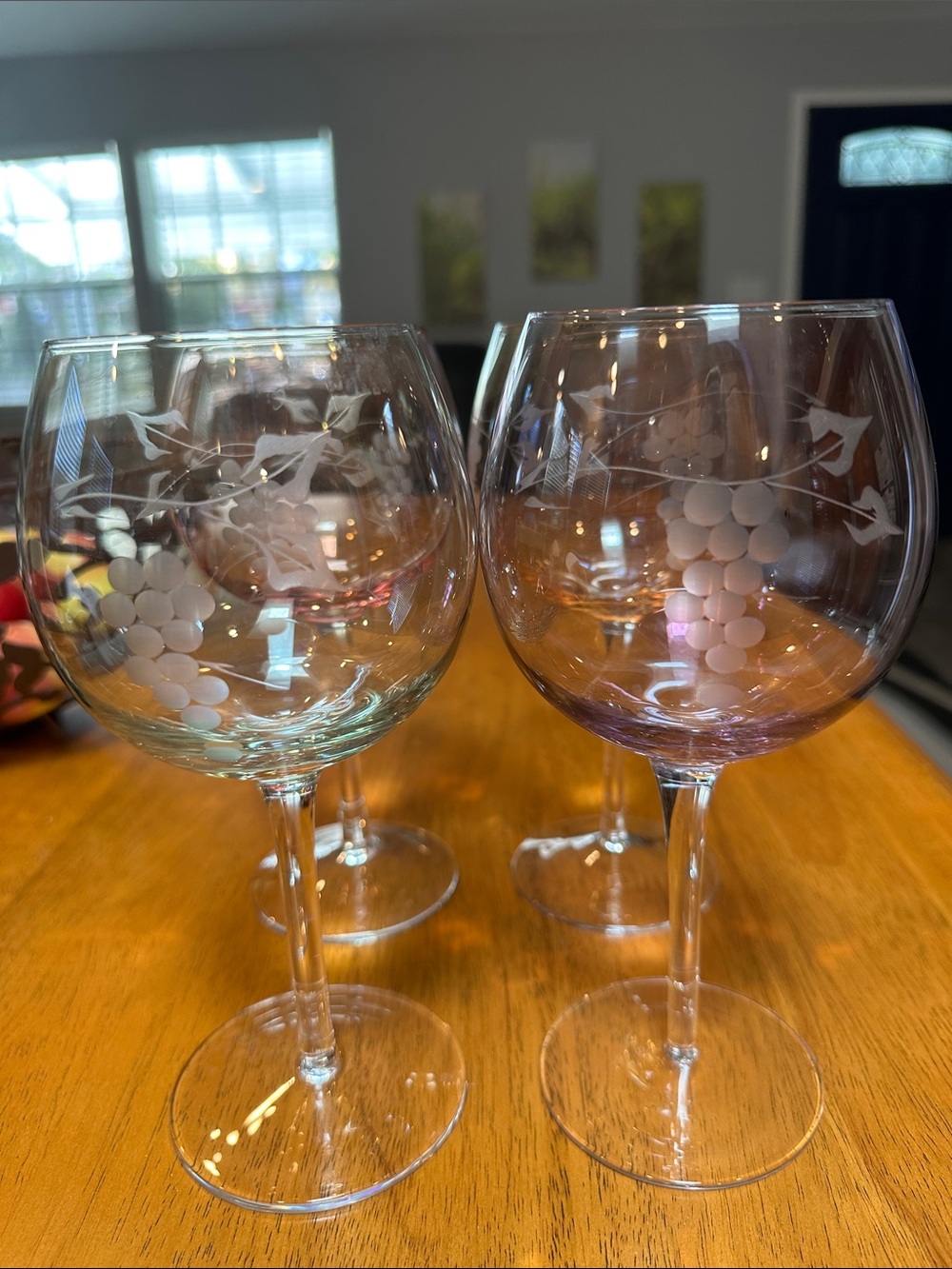 Rolf etched grape wine glasses with large 4” bell. Peach, pink, purple, green